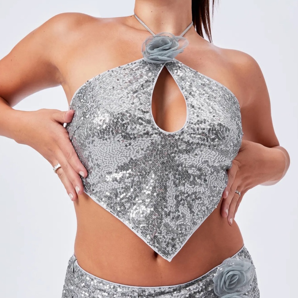 Cider Metallic Rose Halter Sequin Cut Out Crop Top